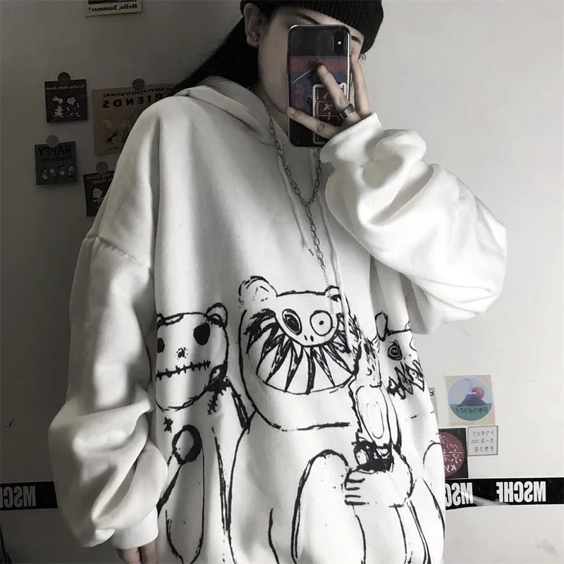 Qweek Goth Harajuku Hoodie Punk Anime Oversized Sweatshirt Graffiti Hoodies Vrouwen Cartoon Print Hoodie 2021 Streetwear Vrouwen