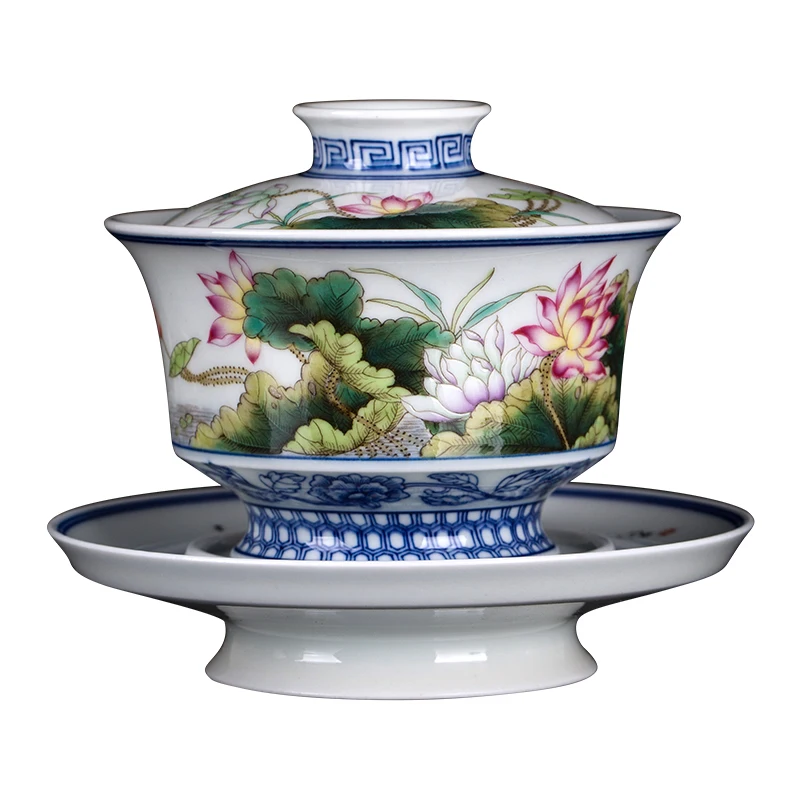 |Clock home tureen jingdezhen kiln tea bowl tureen tea cups tureen large hand hand draw pastel lotus