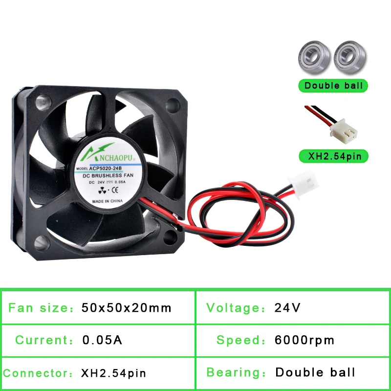 ACP5020 5 cm 50 mm Lüfter 50 x 50 x 20 mm DC5 V 12 V 24 V 2-poliger Lüfter geeignet für Gehäuse-Netzteil, Ladegerät, Drucker, Wechselrichter