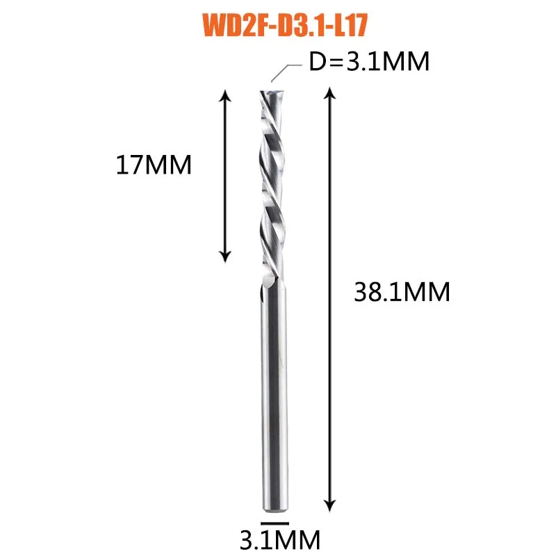 Dreanique 1 stuk, spiraalfrees met 2 sneden, WD2F, massief hardmetalen frees, 3,175, 4, 6, 8, 10, 12 mm, voor hout en MDF.