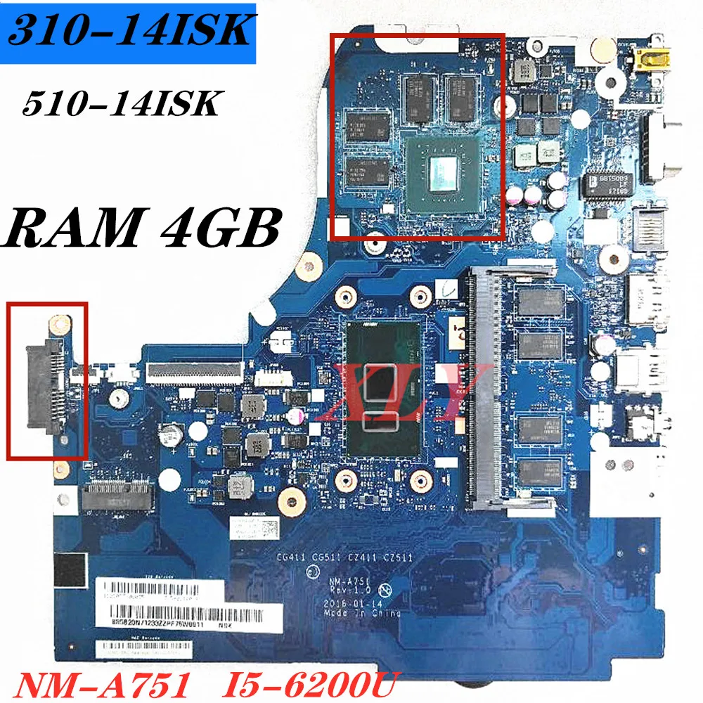 For Lenovo IdeaPad 310-14ISK  510-14ISK Notebook Motherboard NM-A751 I5-6200 CPU  4GB GPU GT920M  2G DDR4L  100% Complete Test