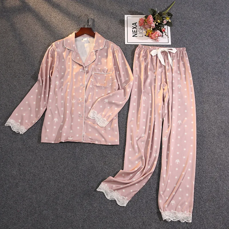 Pyjama d\'été deux pièces en Satin de soie glacée pour femmes, vêtements d\'extérieur fins en dentelle imprimée