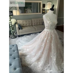 Ivory Lace Spaghetti Straps Bridal Gown Scoop Floor-Length A-Line Wedding Dress Chapel Train Custom Made