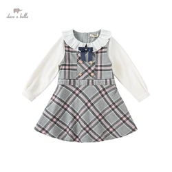 DKY19239-1  dave bella autumn girl's fashion letter plaid print draped dress children sweet dress kids infant lolita clothes