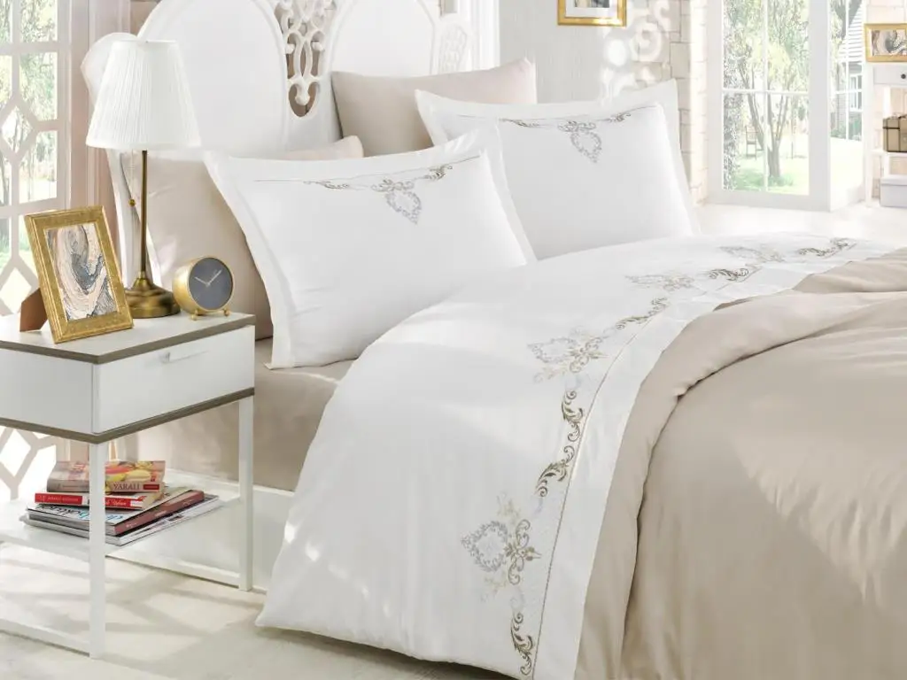 Ruching Eyes Embroideried Cotton Satin Duvet cover set Beige