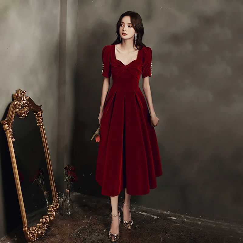 

Sexy Square Collar Puff Sleeve Velour Evening Dress Back Zipper Women Formal Gowns Robe De Soiree Cheongsam 3XL