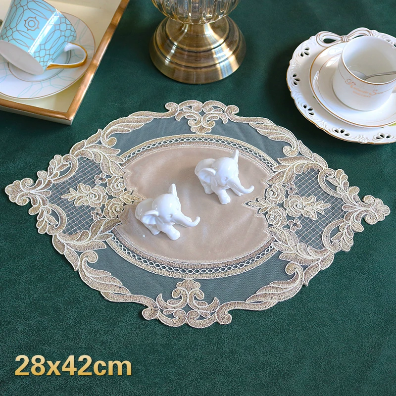 Oval 28x42cm European Luxury Lace Embroidered Restaurant Velvet Placemat Small Balcony Coffee Cup Table Mat Vase Pad Coaster