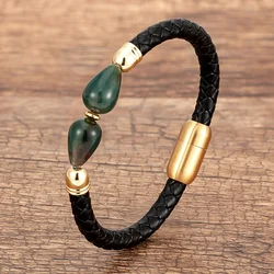 Newest Design Genuine Leather Charms Bracelets For Women Stainless Steel Magnetic Clasp Simple Natural Stone Bracelet & Bangle