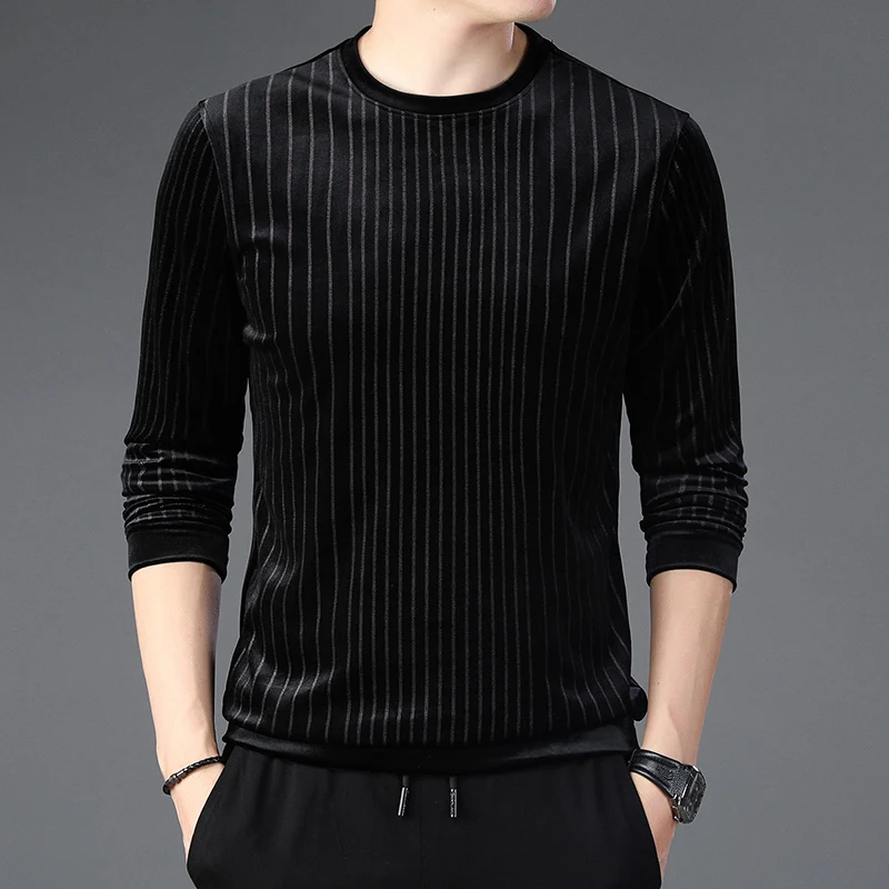 

Pinestriped Velour Sweater Long Sleeve Gentleman Pullover Mens Black Velvet Elegant Jumper For Mens Winter Tops Warm Clothing