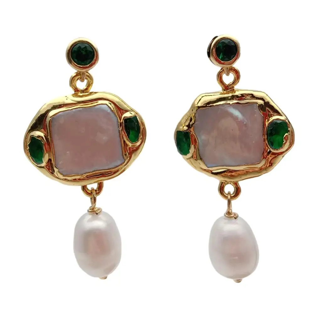 YYGEM Freshwater Cultured White Square Pearl Rice Pearl Green Crystal Dangle Stud Earrings