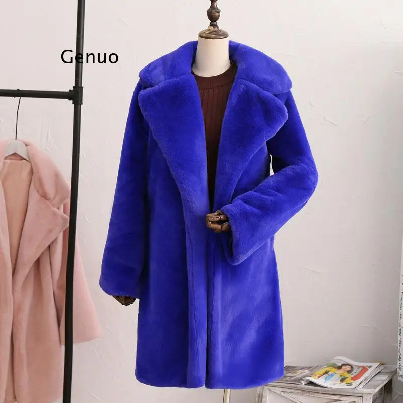 Long Sleeve Lapel Furry Faux Rabbit Fur Coat Winter Thick Warm Loose Pink Black Fur Coats Female Plush Jacket