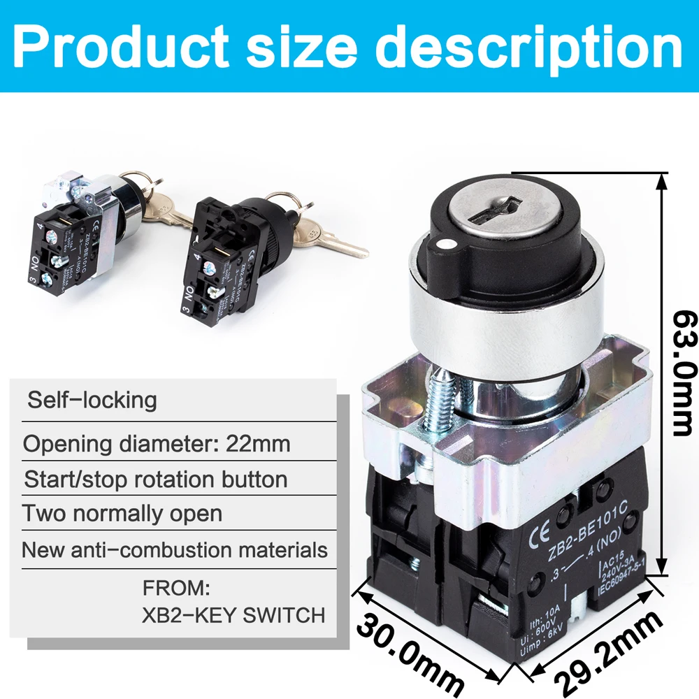 1pcs XB2 Panel Mounted Key Rotary Start Locking or Self reset Pushbutton Switch 2Positions/3Positions XB2-BG 22mm