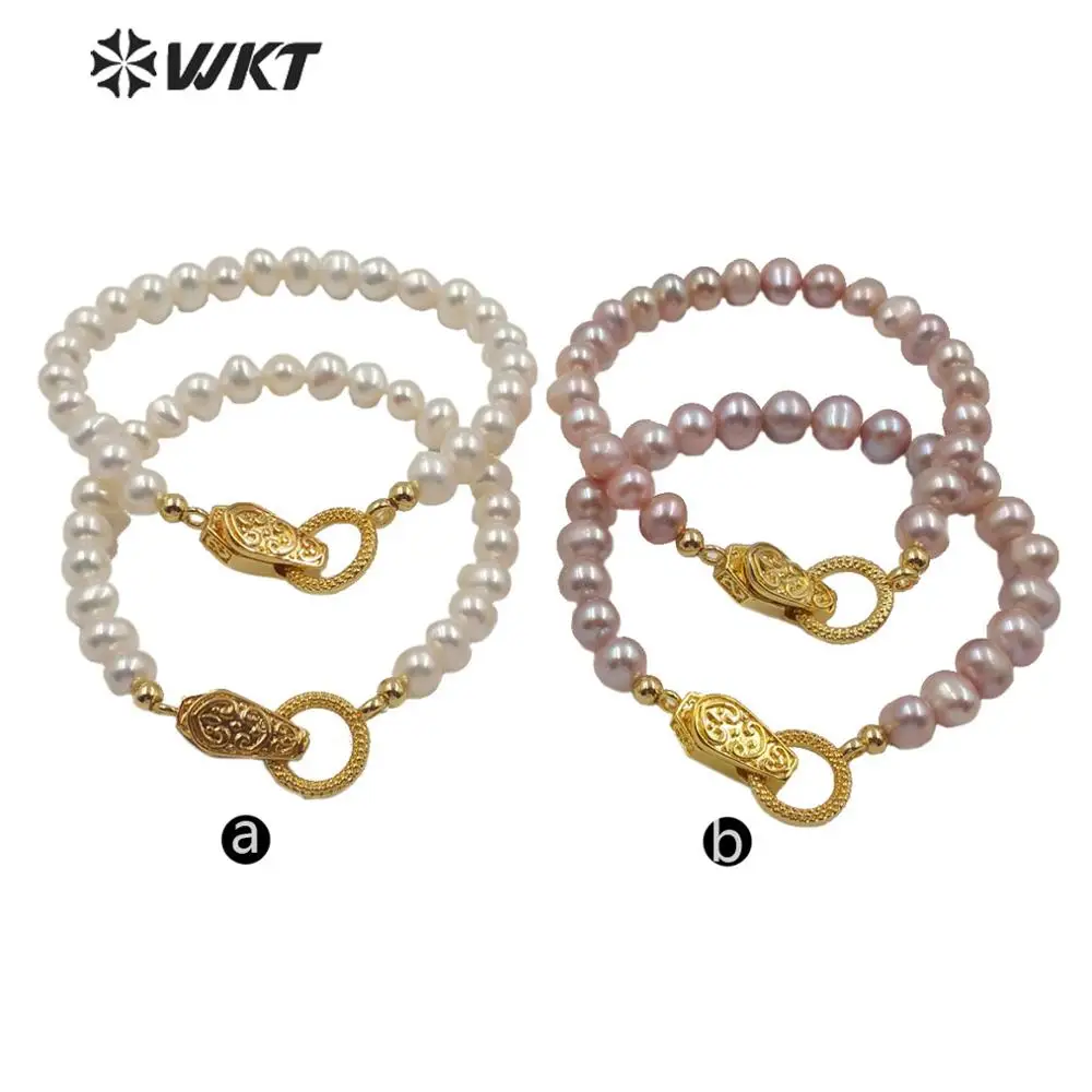 WT-MPB002 popular natural freshwater pearl beads bracelet white/pink pearl with  gold Electroplated magnetic clasp bracelet