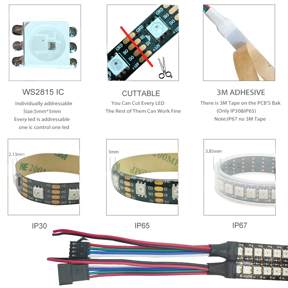 Dc12v ws2815 5050rgb 5m/rolo 30/60/144leds/m preto/branco pwb ip30/ip65/ip67 individualmente endereçável inteligente conduziu a luz de tira do pixel