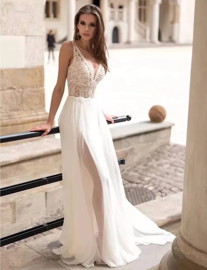 Abiti da sposa in Chiffon da spiaggia maniche a sbuffo staccabili scollo a V Applique in pizzo Backless Boho abiti da sposa eleganti abiti da sposa