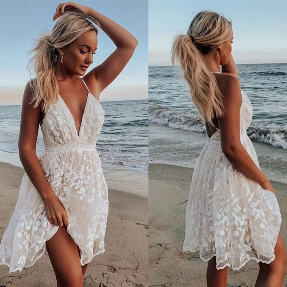 

Women Party Lace Flower Backless Mini Summer Dress 2021 Sexy Sling Spaghetti straps V Neck Wedding Club Vestidos White Dresses