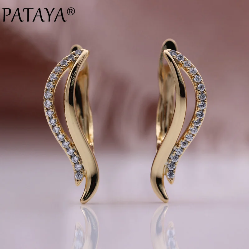 PATAYA New Hollow Leaf Small  Earrings Women 585 Rose Gold Color Drop Earrings Cute Daily Party Natural Zircon Fashion Jewelry