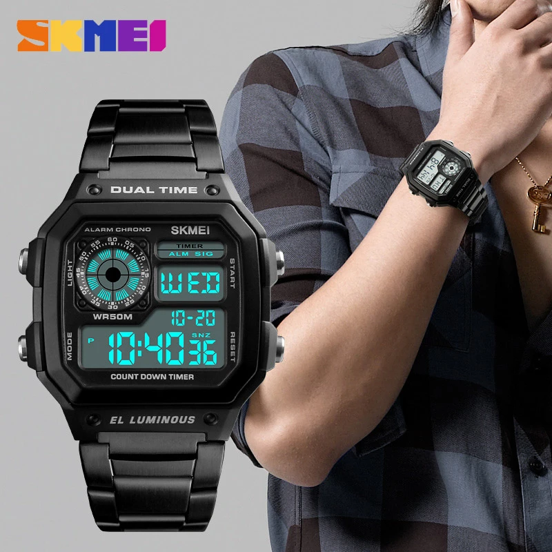 SKMEI Fashion Watches for Men Golden Stainless Steel Waterproof  Wristwatches Male Square Multifunctional Back Light Clock