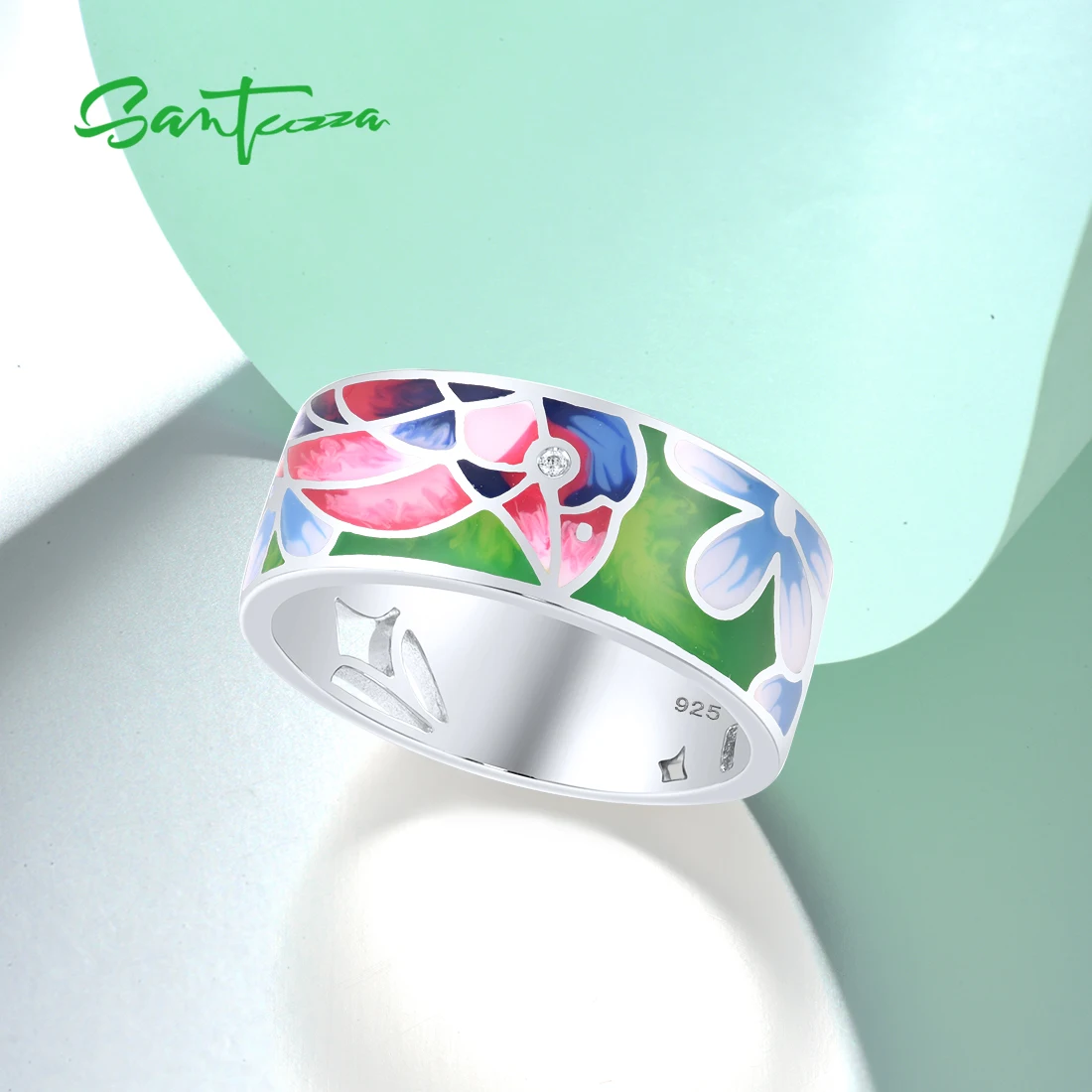 SANTUZZA Pure 925 Sterling Silver Rings For Women White CZ Pink Bird Enamel Rings Trendy Chic Party Gift  Fine Jewelry Handmade