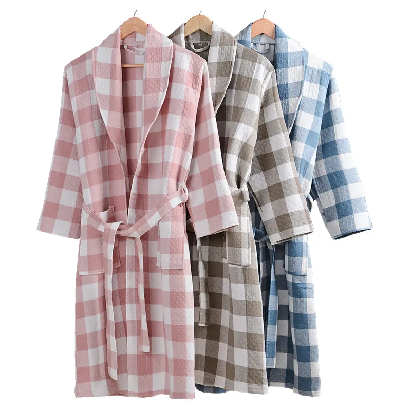 

Three layers 100% Cotton Unisex Robe Sexy Bath Robe Men And Women Sleepwear Washing Gauze Sleeprobe Females Casual Home Bathrobe