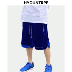 Homens de veludo solto shorts casual cintura elástica com zíper bolso meia calça drewstring nova moda hip hop calças esportivas