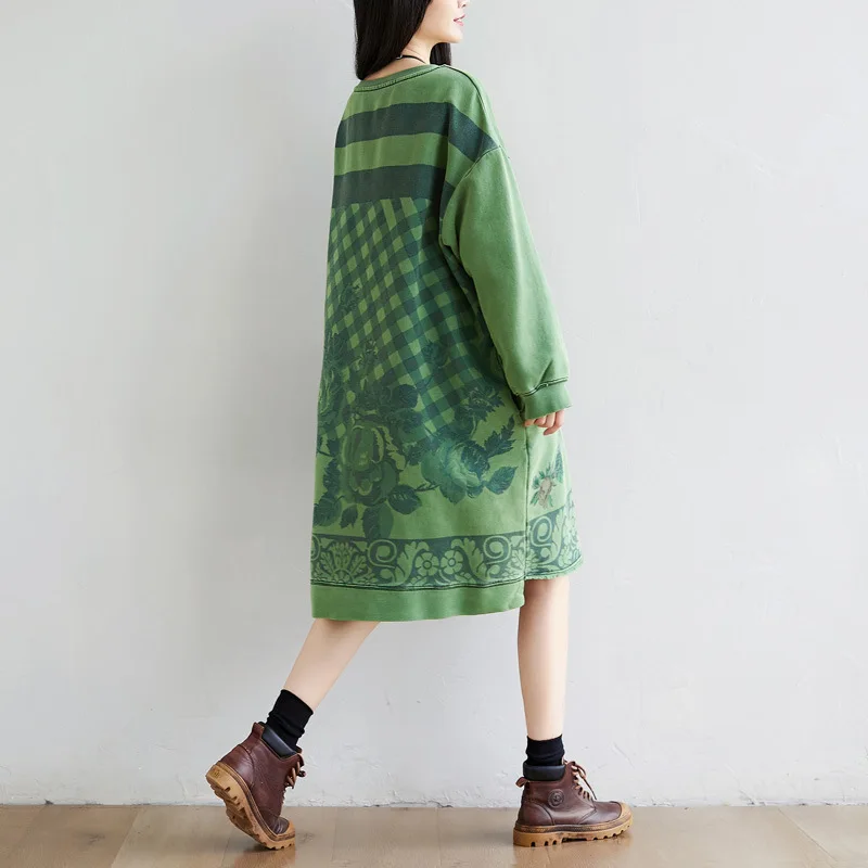 Hoodie Dress Women Oversized Loose Autumn 2020 Fashion Print Long Sweatshirts Irregular Tear Hem Pockets Vintage Pink Green Blue