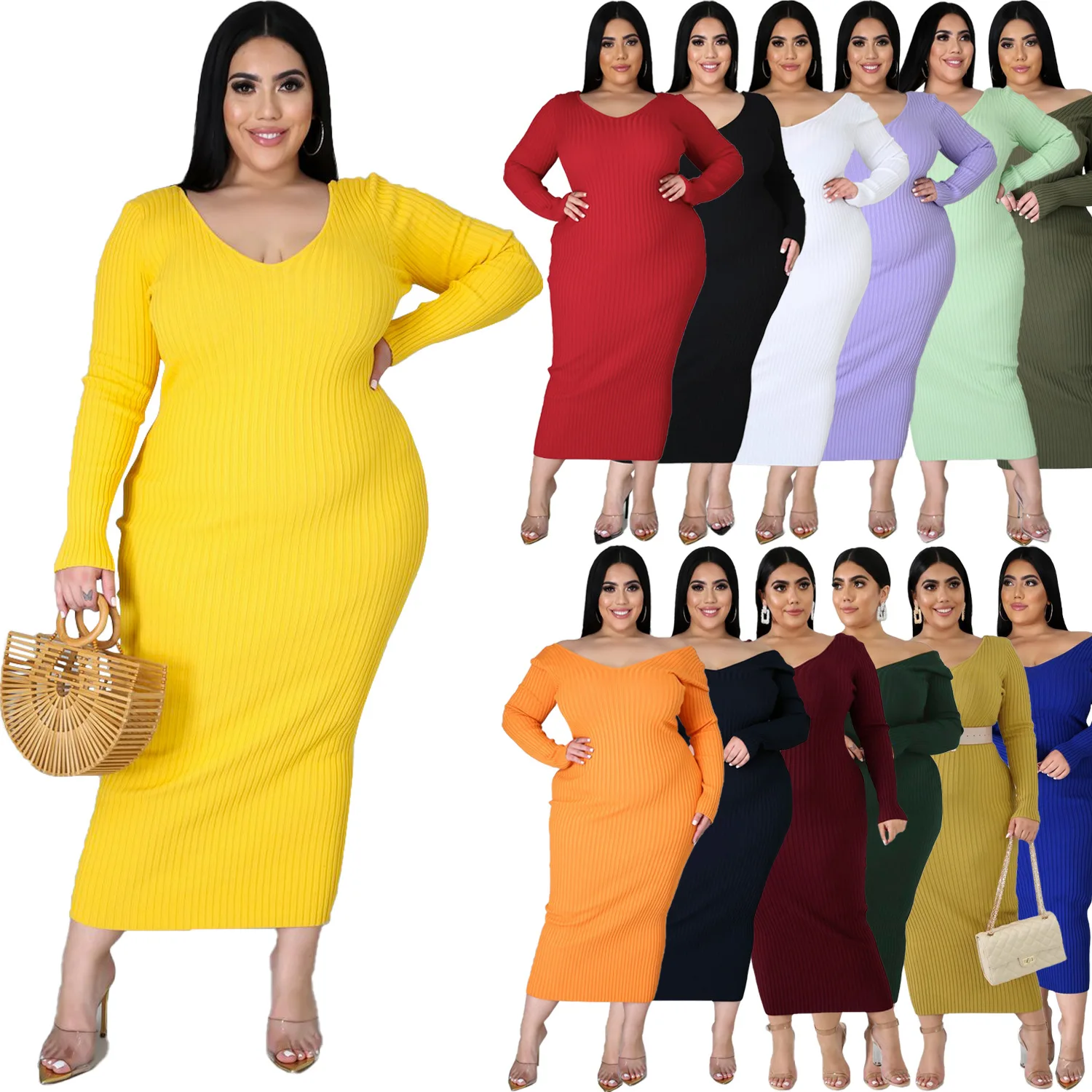 Feminino casual vestidos de tamanho grande moda outono inverno manga comprida roupas 2021 costela afundado listra malha algodão vestido cor sólida