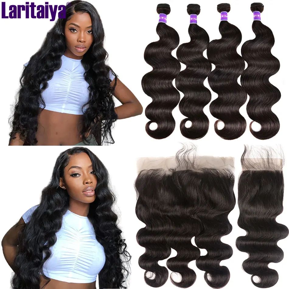 Laritaiya indyjski doczepy typu Body Wave z Frontal 100% ludzkie włosów doczepy typu Body Wave z zamknięcia koronki Frontal zamknięcie z wiązki