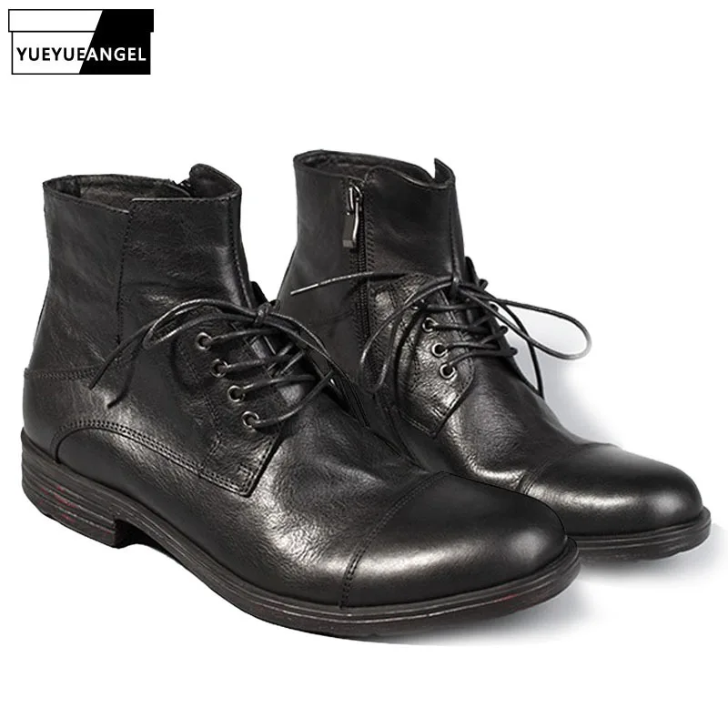 

100% Real Leather Vintage Ankle Shoes Men Casual Lace Up Zipper Work Safety Boots Men Designer Black Motorcycle Cowboy Boots