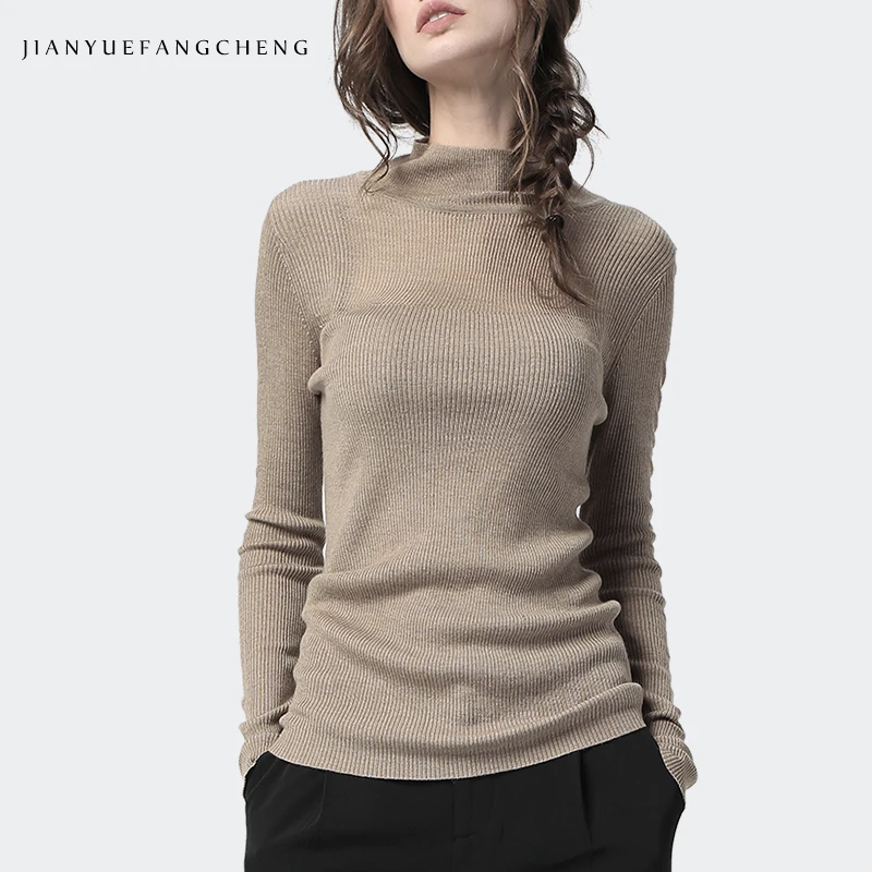 

Fashion Women 2019 Winter Knitted Bottoming Shirt Sexy See through Thin Sweater High Neck Skinny Tight Tops Pull On Long Sleeve