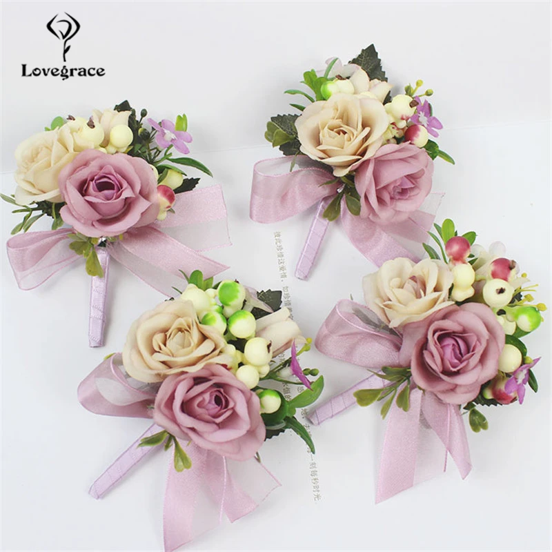 Lovegrace العريس Boutonniere العروس المعصم كورسيج وردة من الحرير البلاستيك بيري فتاة سوار الرجال كورسج الزفاف الديكور