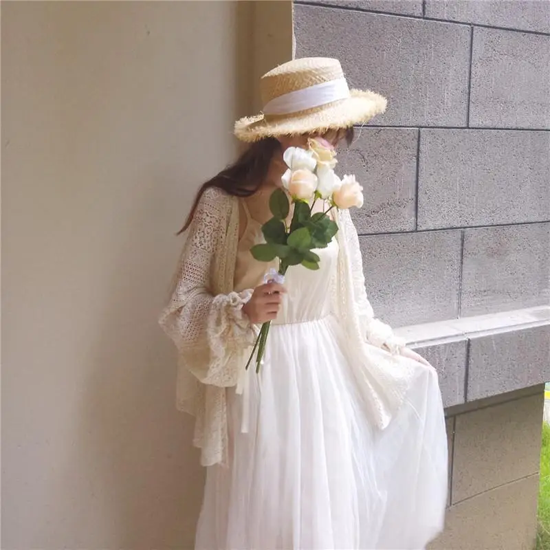 Shirts Women Long Butterfly Sleeve Hook Flower Hollow Solid Kawaii Fairy Retro Lace Thin Fashion Leisure Ulzzang Elegant Chic