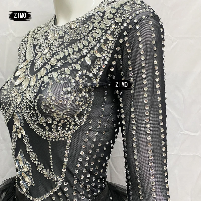 Black crystal Bodysuit Shiny Rhinestones Transparent Long Tail Skirt sexy Prom club Party birthday outfits Stage drag queen rave