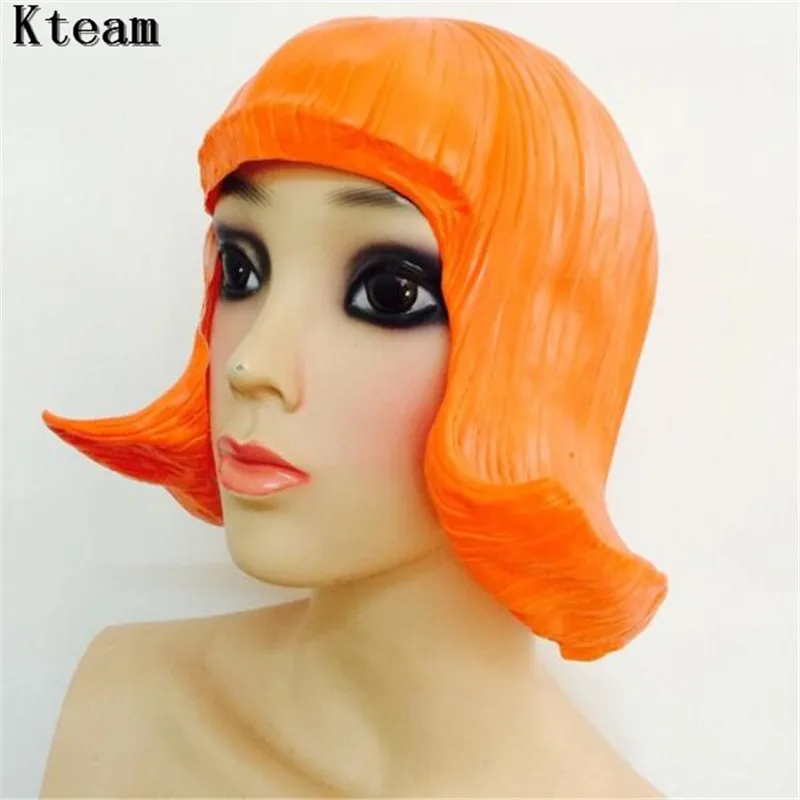 Orange/Yellow/Red/Blue/Black/Latex Wigs Pretty CD Rubber Wig Halloween Cosplay Costumes Carnival Hair Extensions Overhead Masks