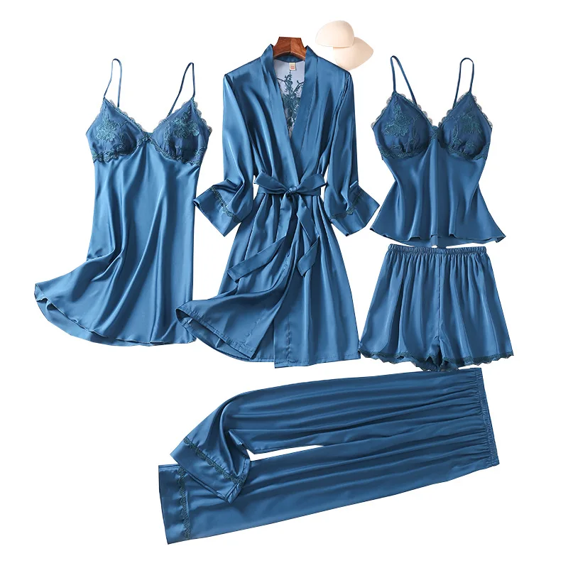 Sleepwear With Lace Women Pajamas Set Sexy 5 Pieces Robe Suit Kimono Gown Sexy Loungewear V-neck Bathrobe Lingerie Nightwear