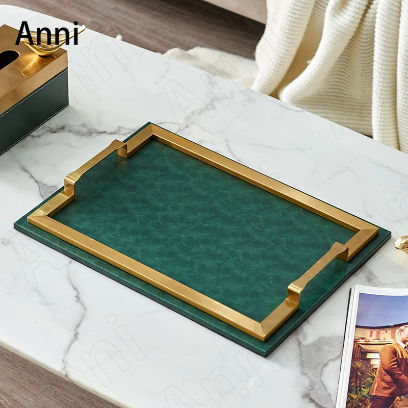 Creative Gold-plated Border Storage Tray Nordic Modern Rectangle Green Leather Teacup Wine Set Trays Home Living Room Decoration