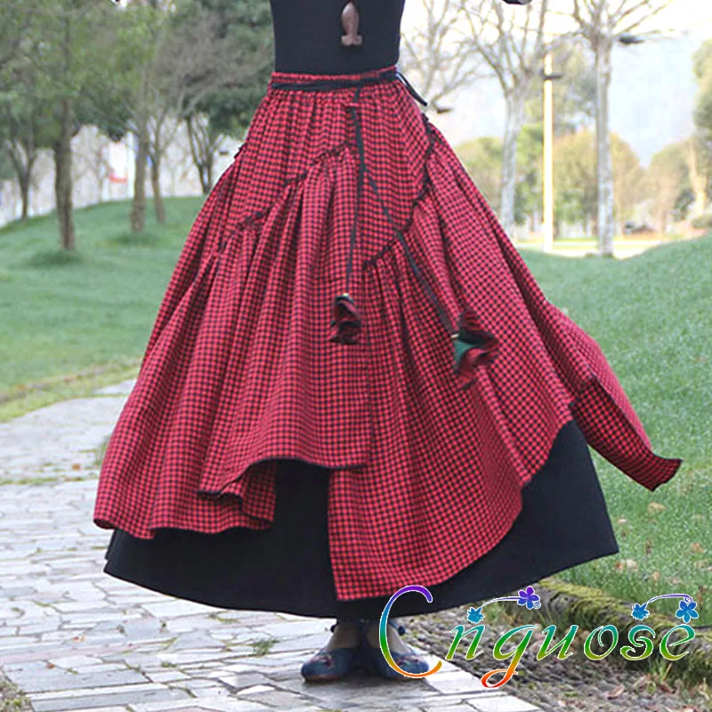 National Cotton and Linen Plaid Casual Cottagecore Pleated Asymmetrical Skirt Women Skirts Splicing Green Women\'s Long skirt