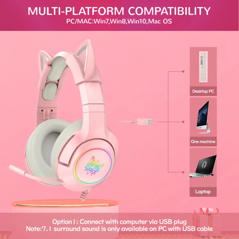 ONIKUMA K9 Pink Gaming Headphones+Mouse and keyboard Set For Kids Girl Gaming Headset With Mic & LED Light For Laptop/PC/PS4/PS5