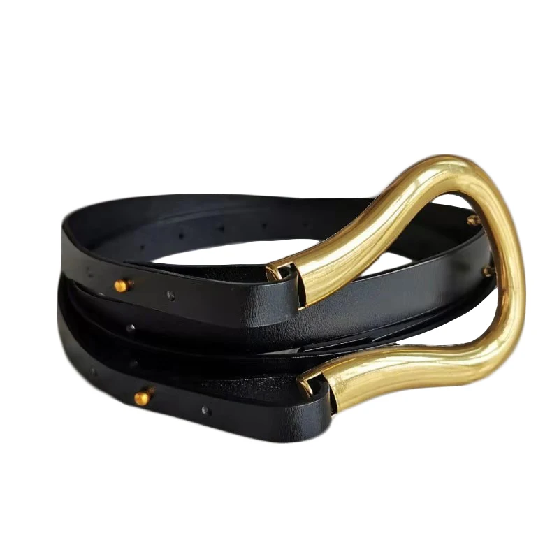 Ceinture à double taille en cuir doré pour femme, designer de luxe, métal, broche en forme de U, haute qualité, ceinture décorative pour robe de