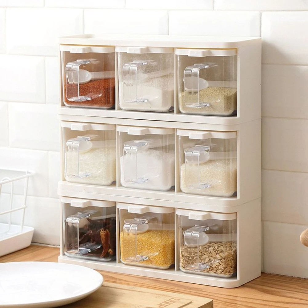 Spice Rack 3 Grids Spoon Kitchen With Lid Container Seasoning Box Herb Spices Storage Condiment Jar Cooking With Handle Desktop