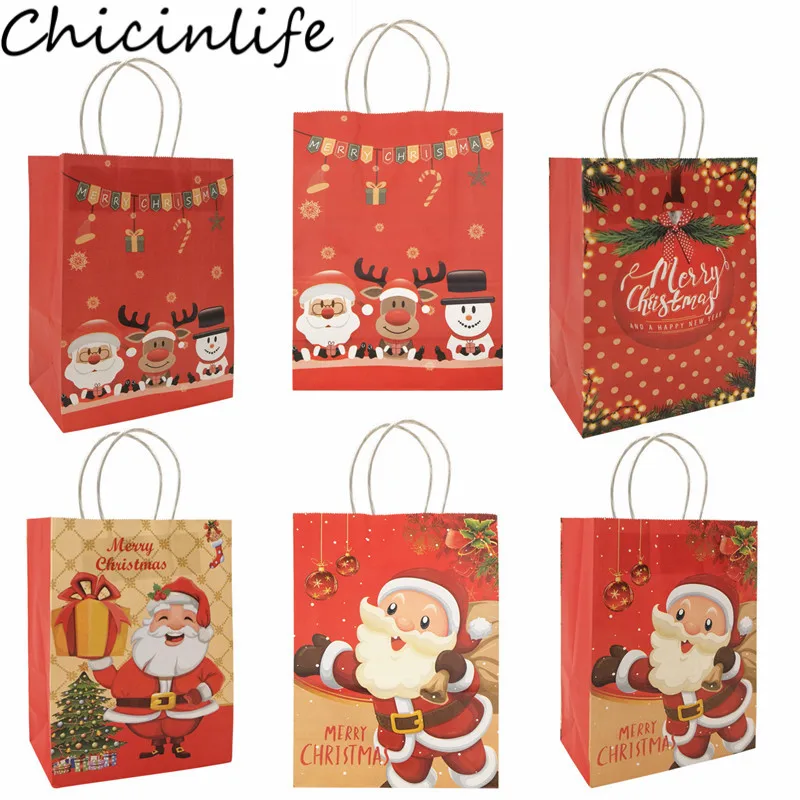 5Pcs Merry Christmas Snowman Santa Claus Kraft Paper Bags New Year Xmas Party Candy Gift Pakcaging Handle Bag Christmas Supplies