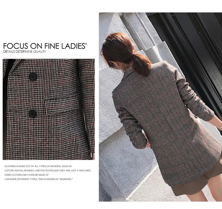 New Arrival 2020 Autumn Women Blazer Double-Breasted Button Retro Long Houndstooth Jackets OL Work Office Suits Outwear LX2206