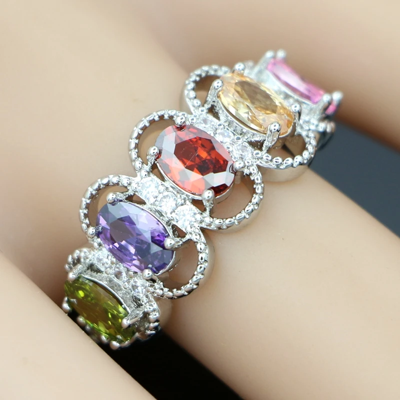 Silver 925 Jewelry Sets For Women Wedding Accessories Multicolor Cubic Zirconia Pendant Necklace Ring Stud Earrings