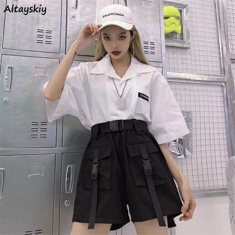 Shorts Women Leisure Loose Elastic Waist Hip Hop Fashion Harajuku Pockets Popular College Streetwear Ulzzang Simple Summer Solid