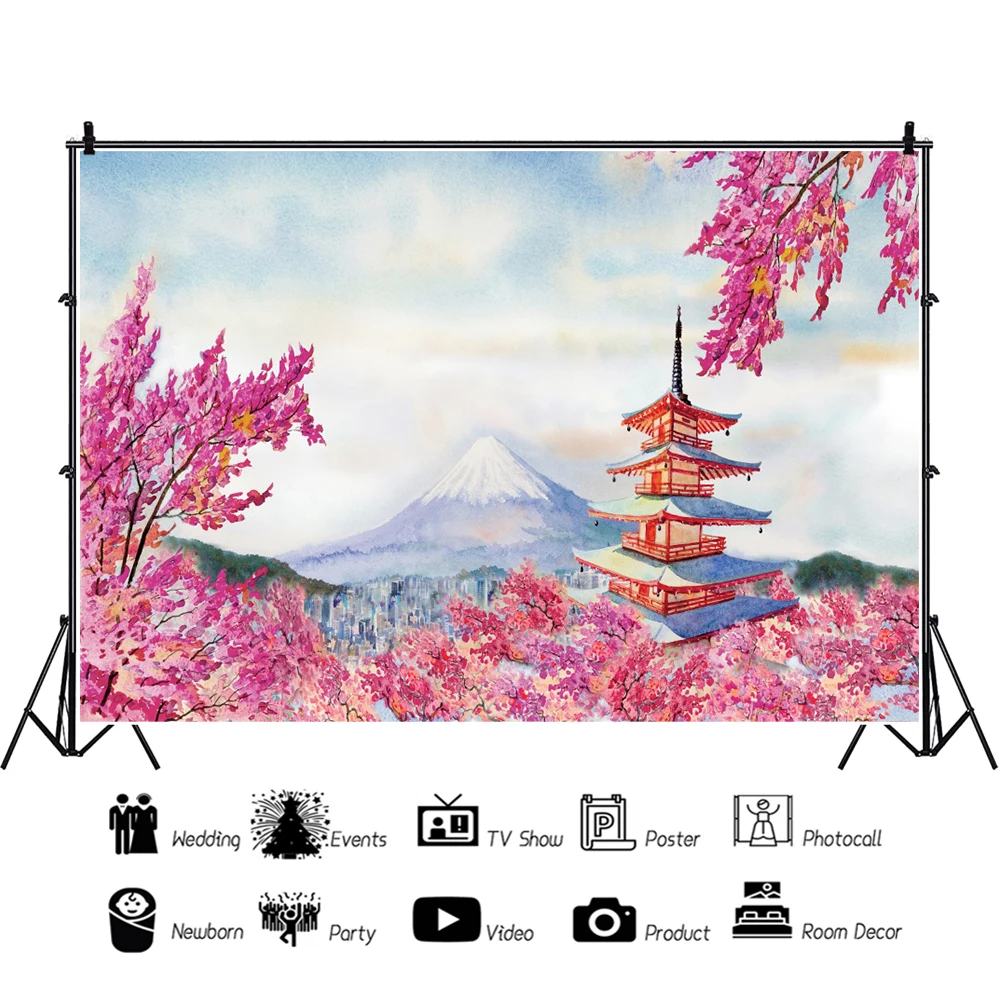 Laeacco monte fuji flor de cerejeira chureito pagode ano novo decoração do quarto pano de fundo foto fotográfica para estúdio foto