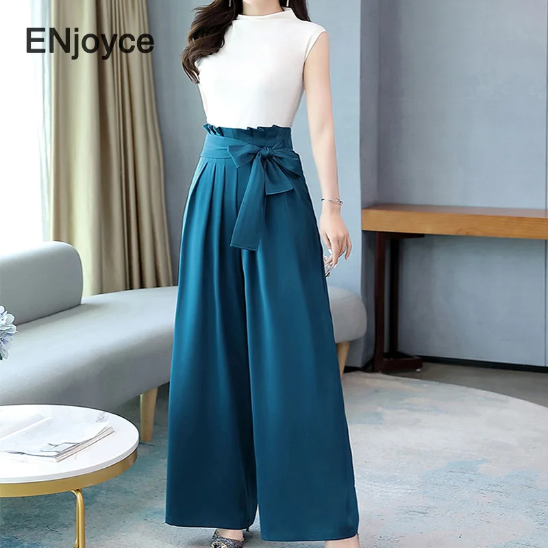 

ENjoyce Elegant Slim Two Pieces Set Outfits Sleeveless Tank Tops High Waist Wide Leg Pants Suits Summer Clothes Women 2024