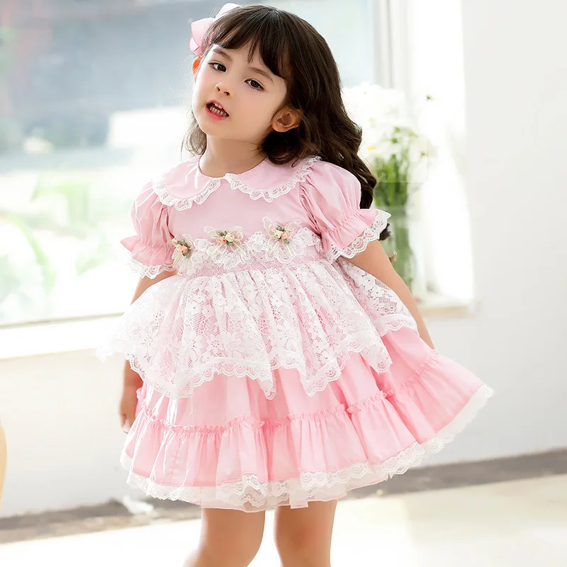 Summer New Spanish Lolita Princess Ball Gown Short Sleeve Lace Stitching Birthday Party Easter Dresses For Girl 12M-6T  A275