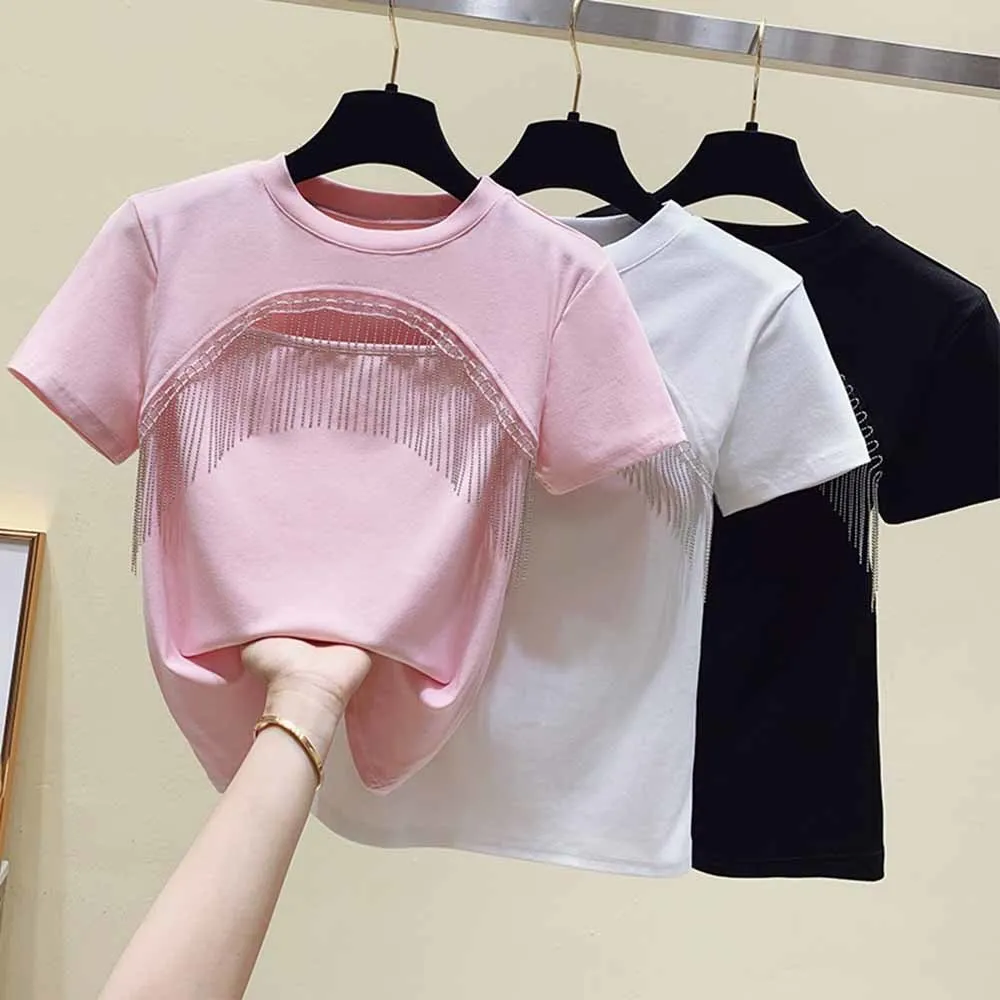 Pink/Black/white Tee Shirt Crop Top Summer Tees Tops Woman T-shirt Hollow Out Tassel Cotton Short Sleeve Tshirt Women Clothing