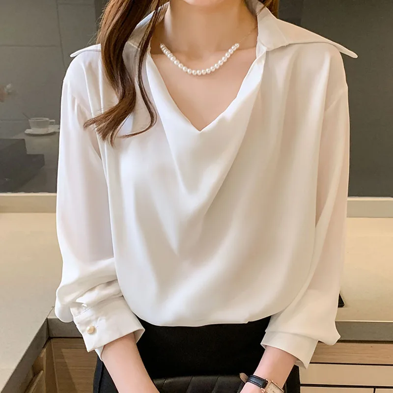 Women Tops and Blouses Shirts New Fashion Clothing Female Satin White Long Sleeve Red Elegantes Spliced Pile Collar Chiffon 2701