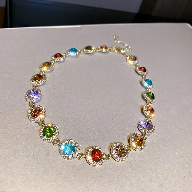 FYUAN Korean Style Colorful Crystal Choker Necklaces for Women Clavicle Chain Necklaces Jewelry Bijoux